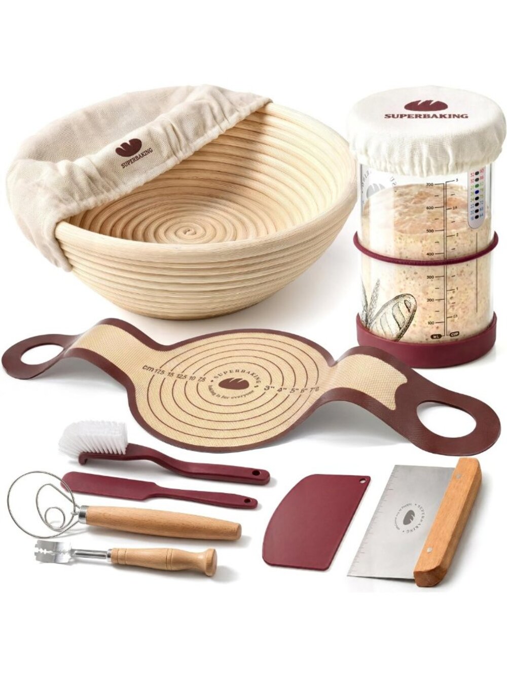 Sourdough Starter Kit with 9" Banneton Basket, Silicone Sling & Storage Jar